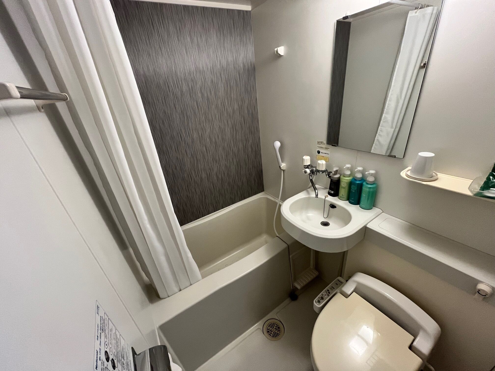 combined shower/bathtub, free toiletries, hair dryer, slippers