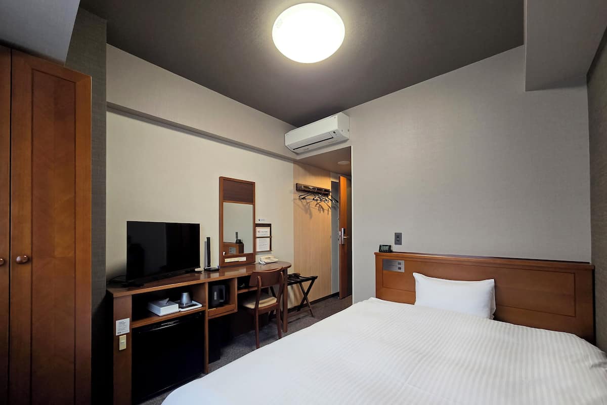 Habitació d'hotel amb un llit, una taula de treball amb televisió, un mirall, una estant per abrigos i un aparell d'aire condicionat.