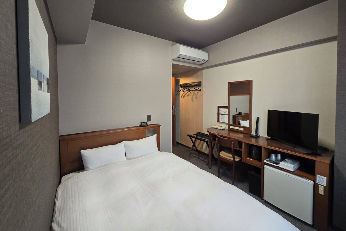 Habitació d'hotel amb llit, escriptori amb televisió, mini-nevera i mirall.
