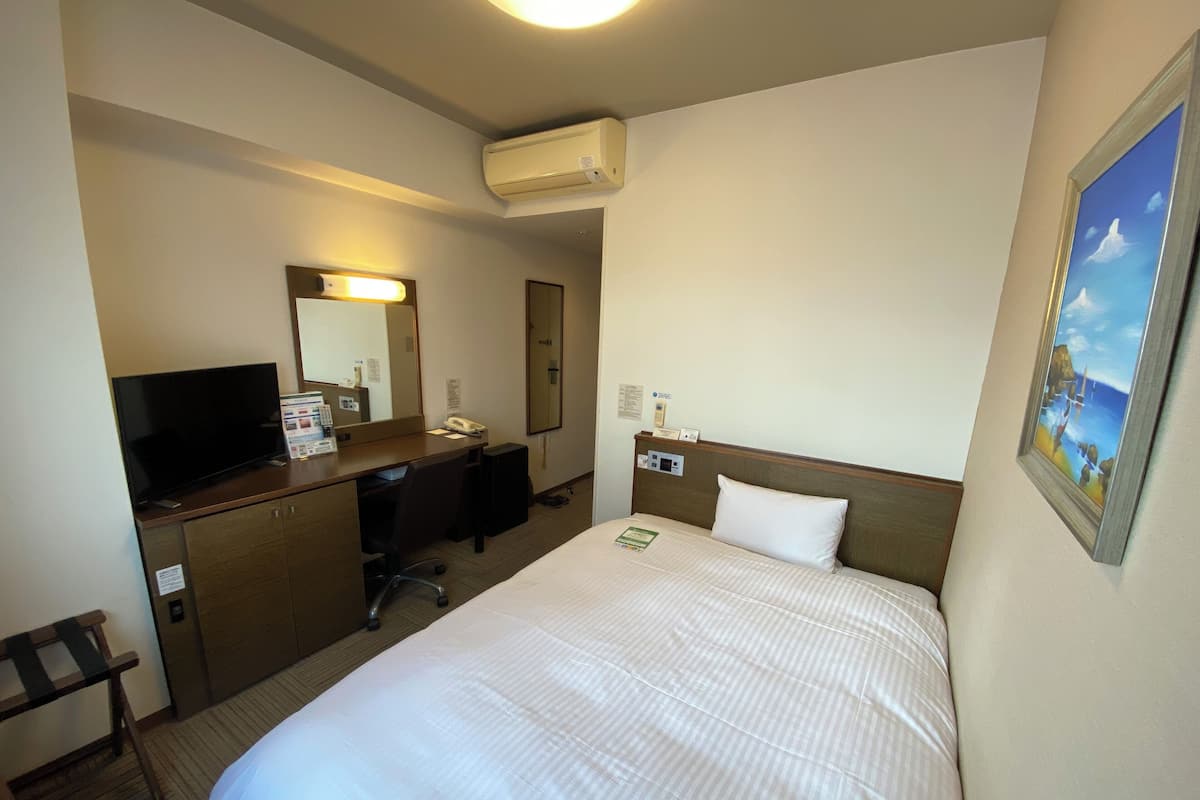 A hotel room with a bed, a desk with a computer, a television, and a painting on the wall.