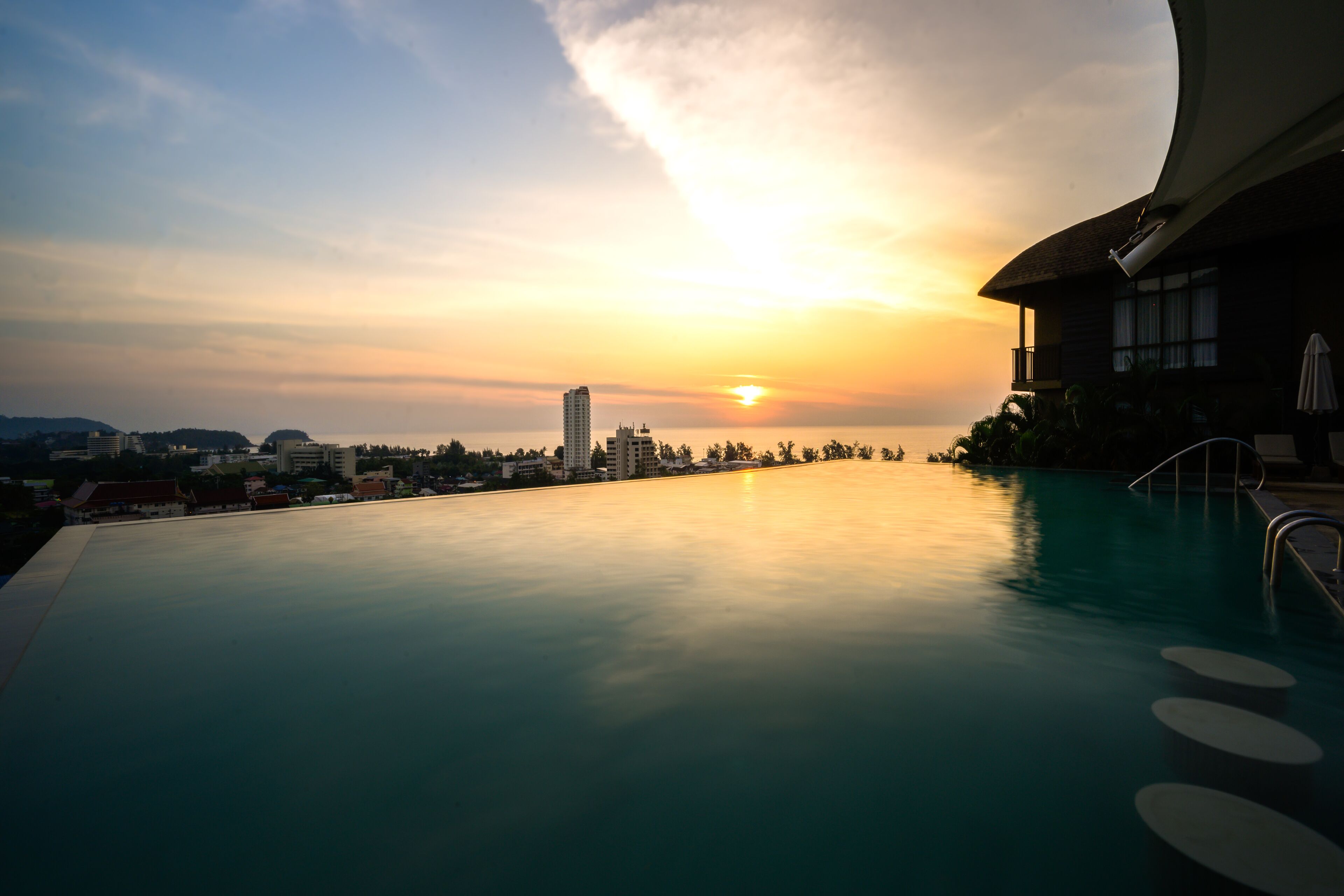 outdoor pool, pool umbrellas