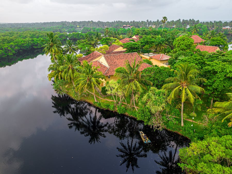 Un pueblo a orillas del río con casas tradicionales, palmeras y un río tranquilo.