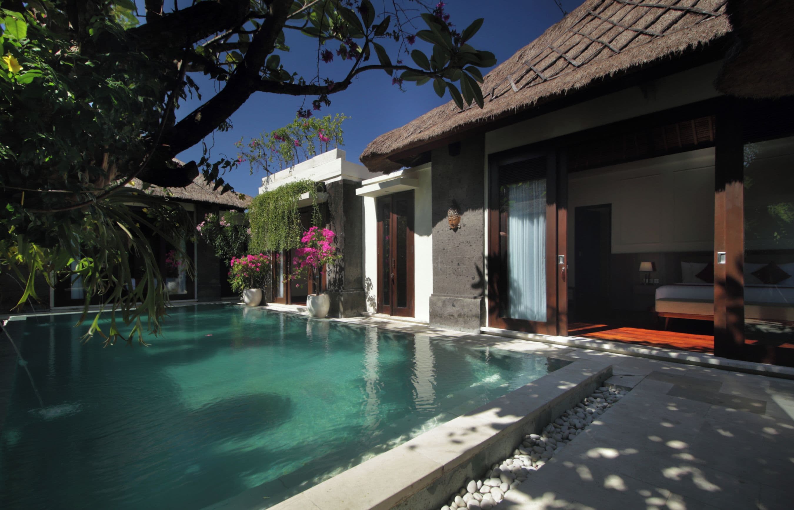 A clear swimming pool with a stone edge, surrounded by lush greenery and a thatched-roof building.