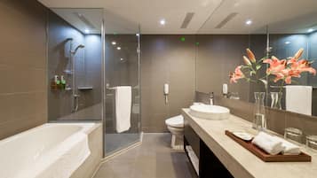 Separate tub and shower, rainfall showerhead, hair dryer, bidet