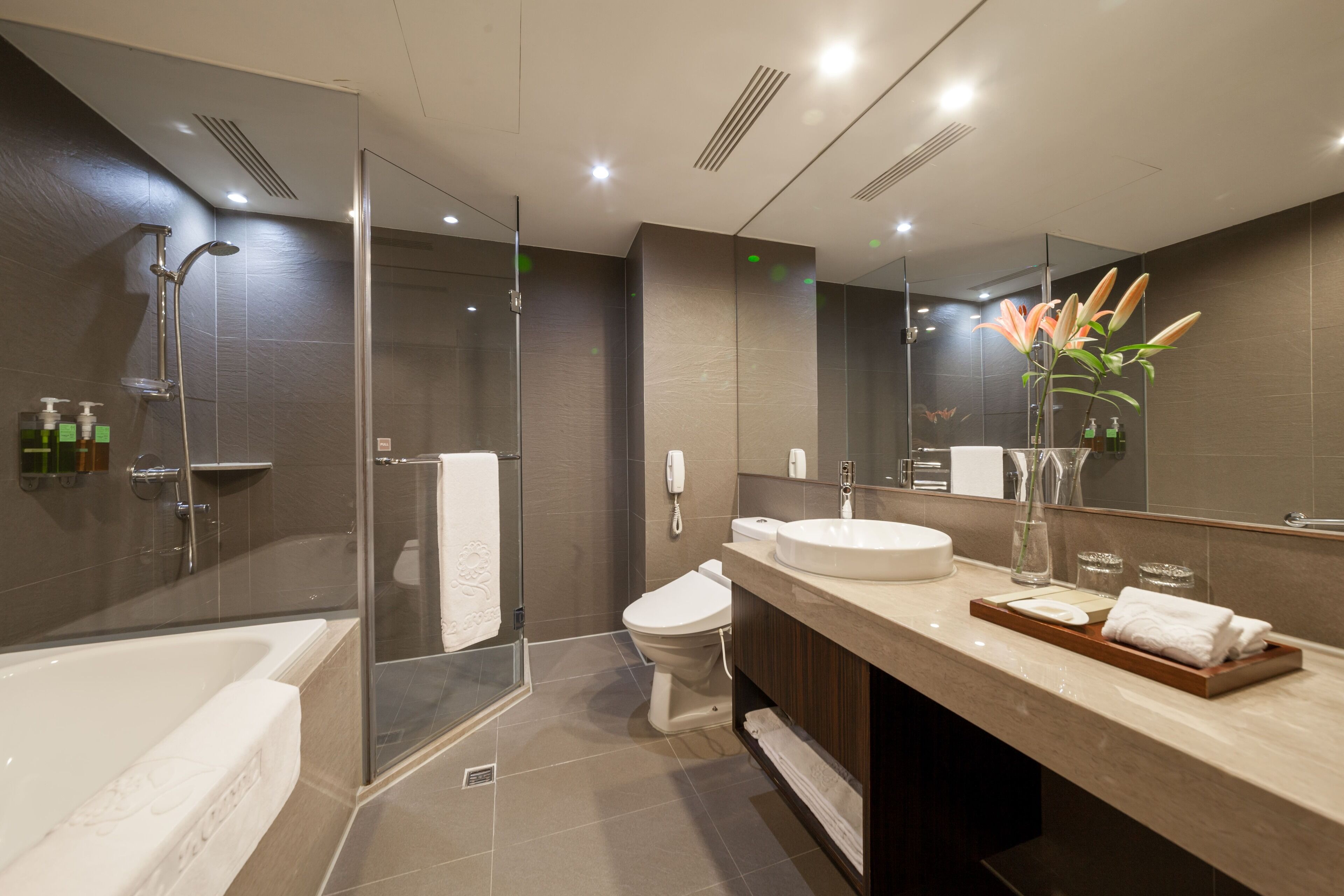 standard studio suite | bathroom | separate bathtub and shower, rainfall showerhead, hair dryer, bidet