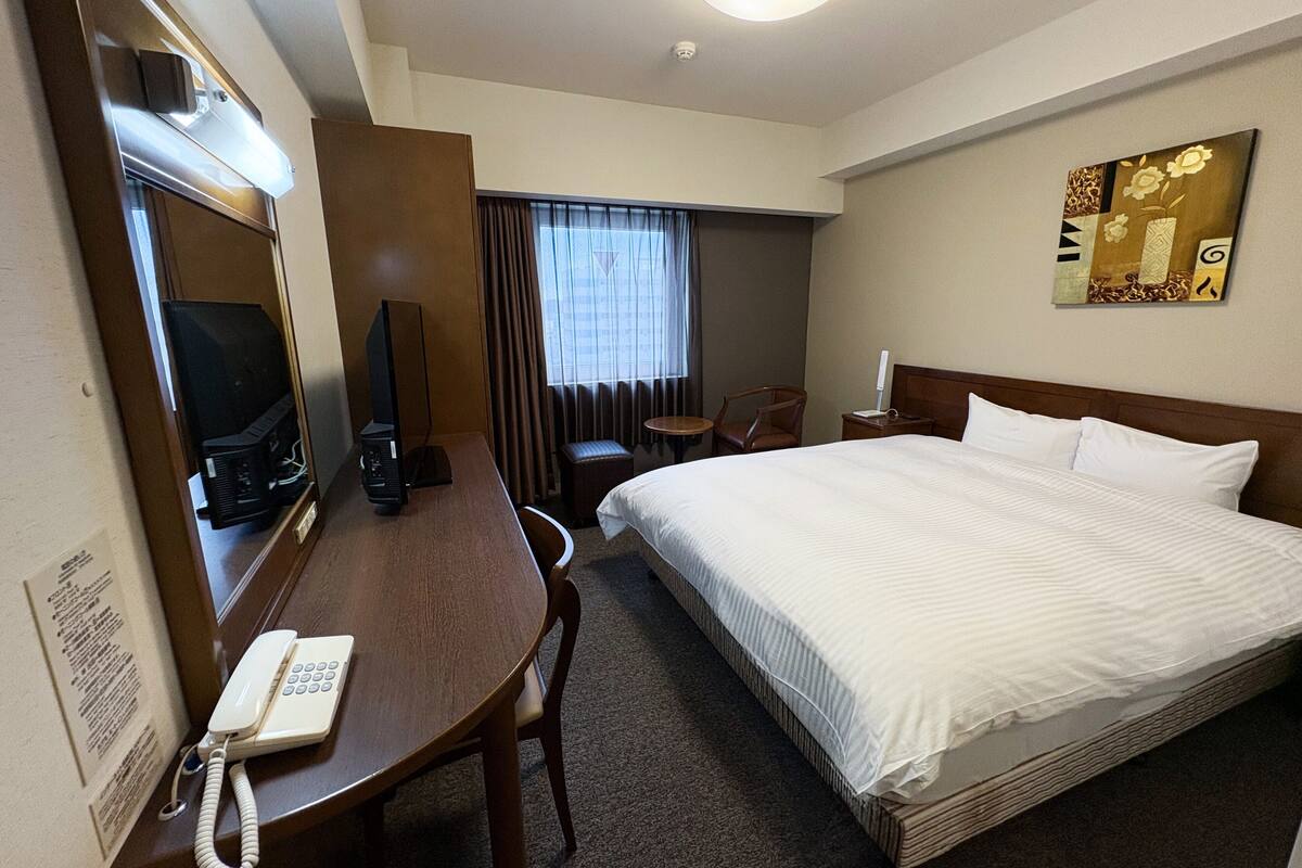 A hotel room with a bed, a desk with a telephone, a chair, a television, and a window with curtains.
