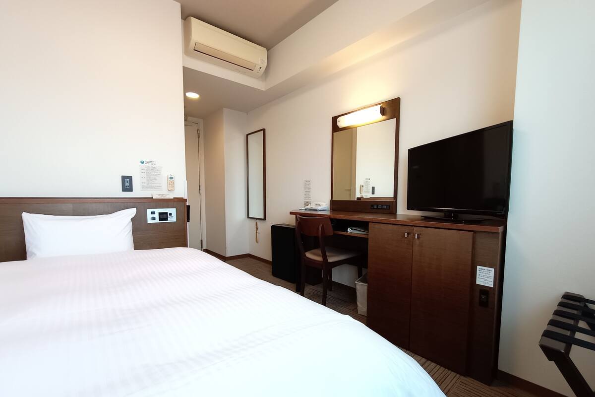 A hotel room with a bed, a desk, a television, and a mirror.