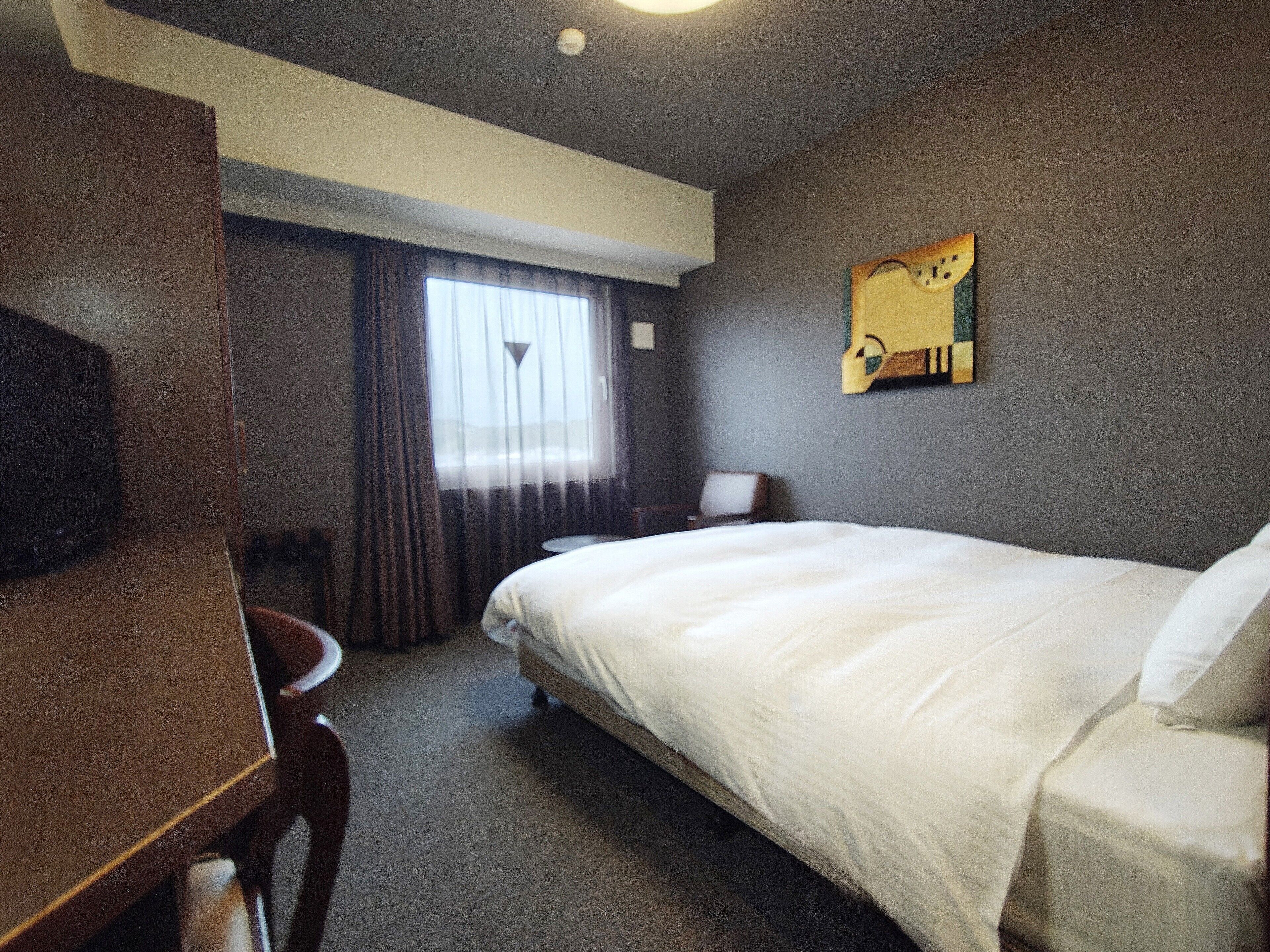 Une chambre d’hôtel avec un lit, un bureau, une chaise, une télévision et un tableau au mur.