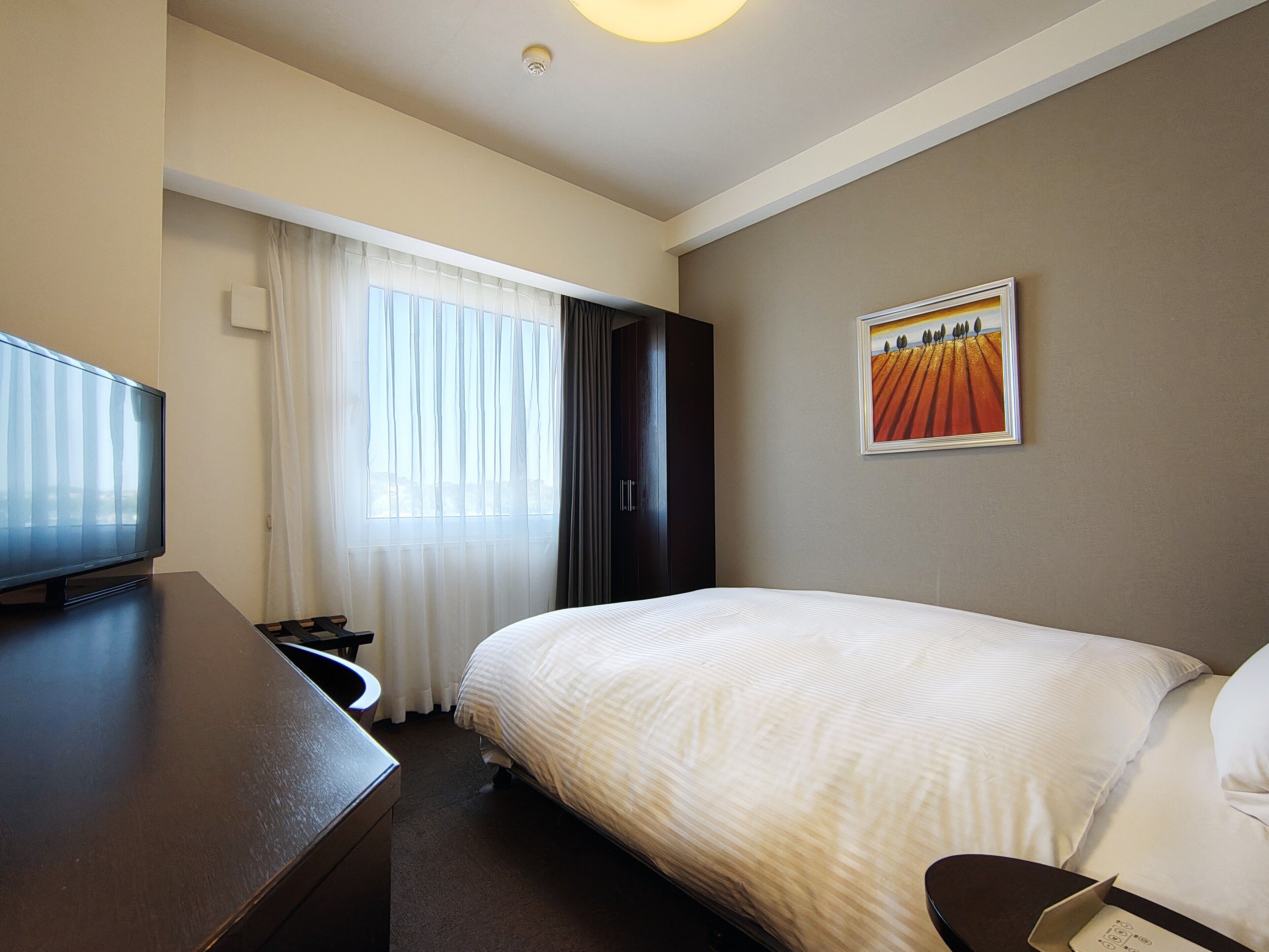 A hotel room with a bed, a television, a desk, and a painting on the wall.