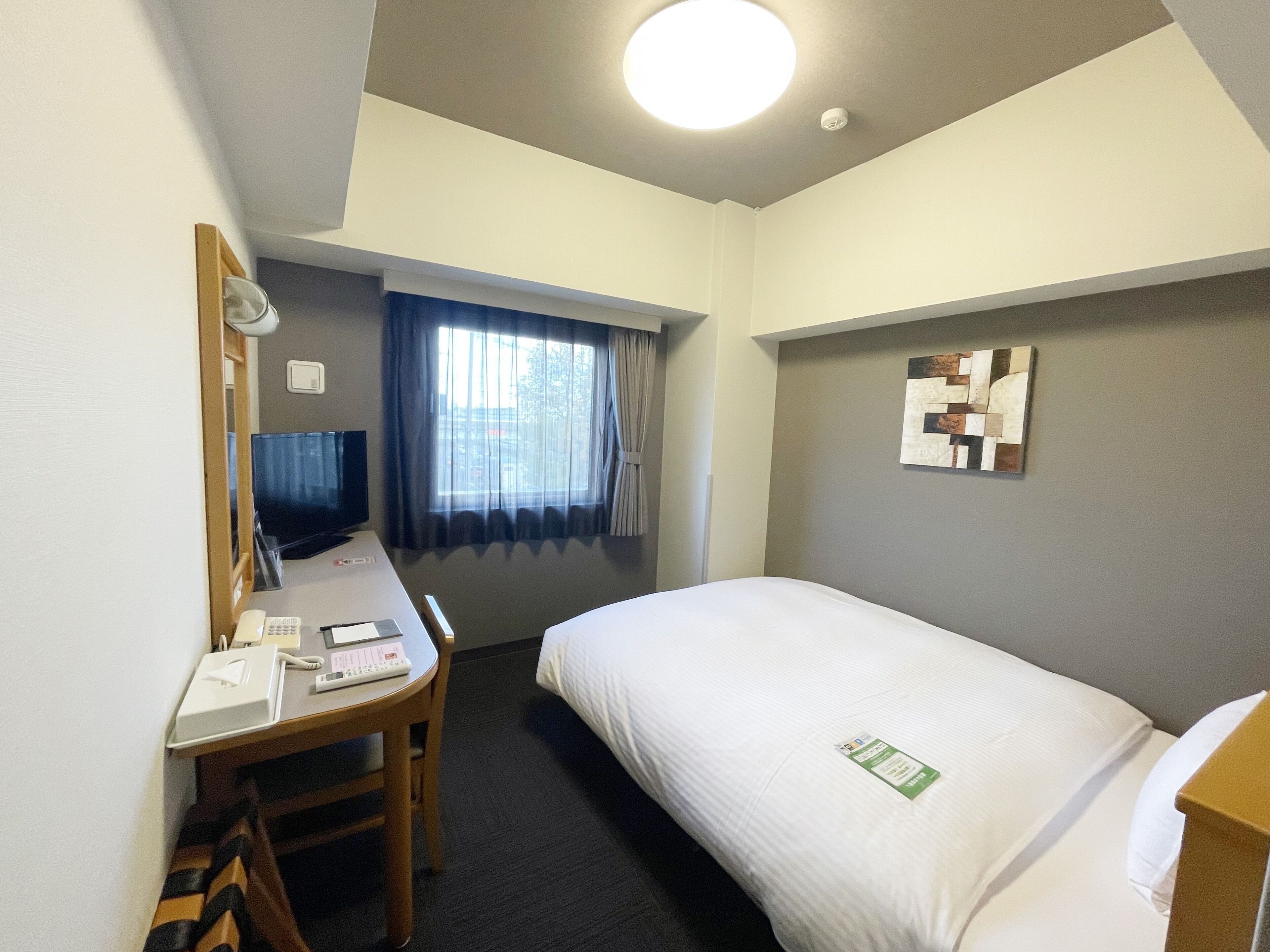 Een hotelkamer met een eenpersoonsbed, een bureau met stoel, een televisie en een raam met gordijnen.
