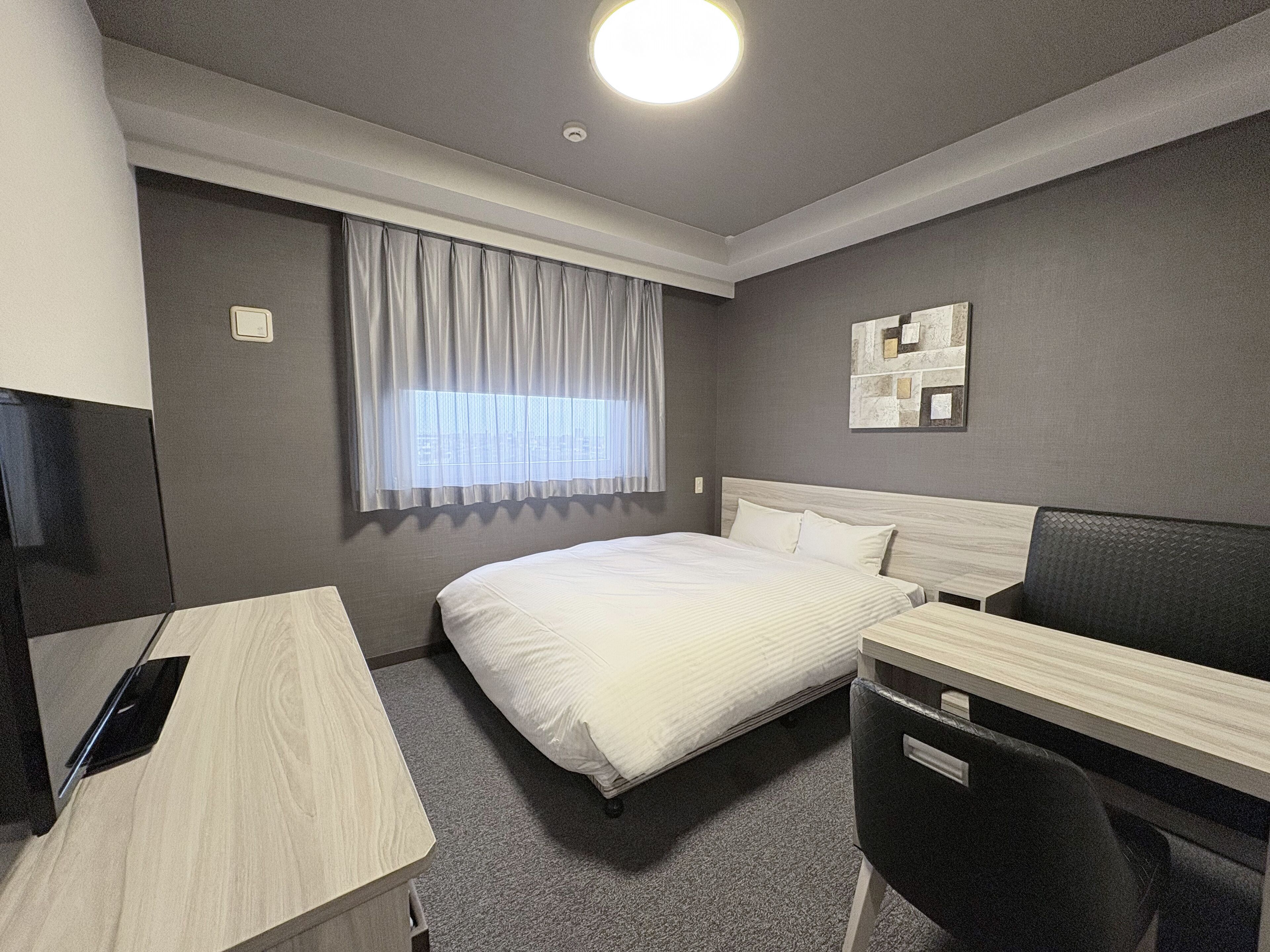 A hotel room with a bed, a desk, a chair, a window with curtains, a wall-mounted artwork, and a ceiling light.