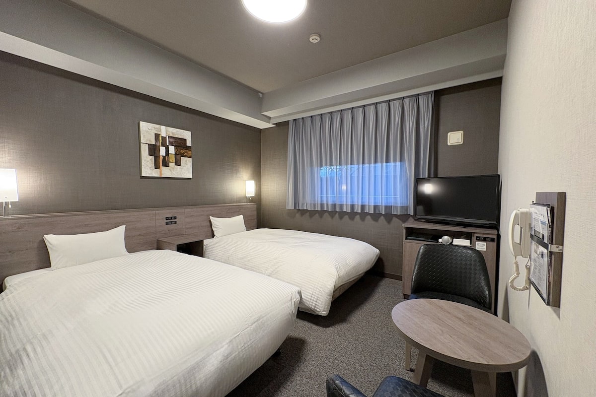 A hotel room with two beds, a desk with a chair, a television, and a phone.