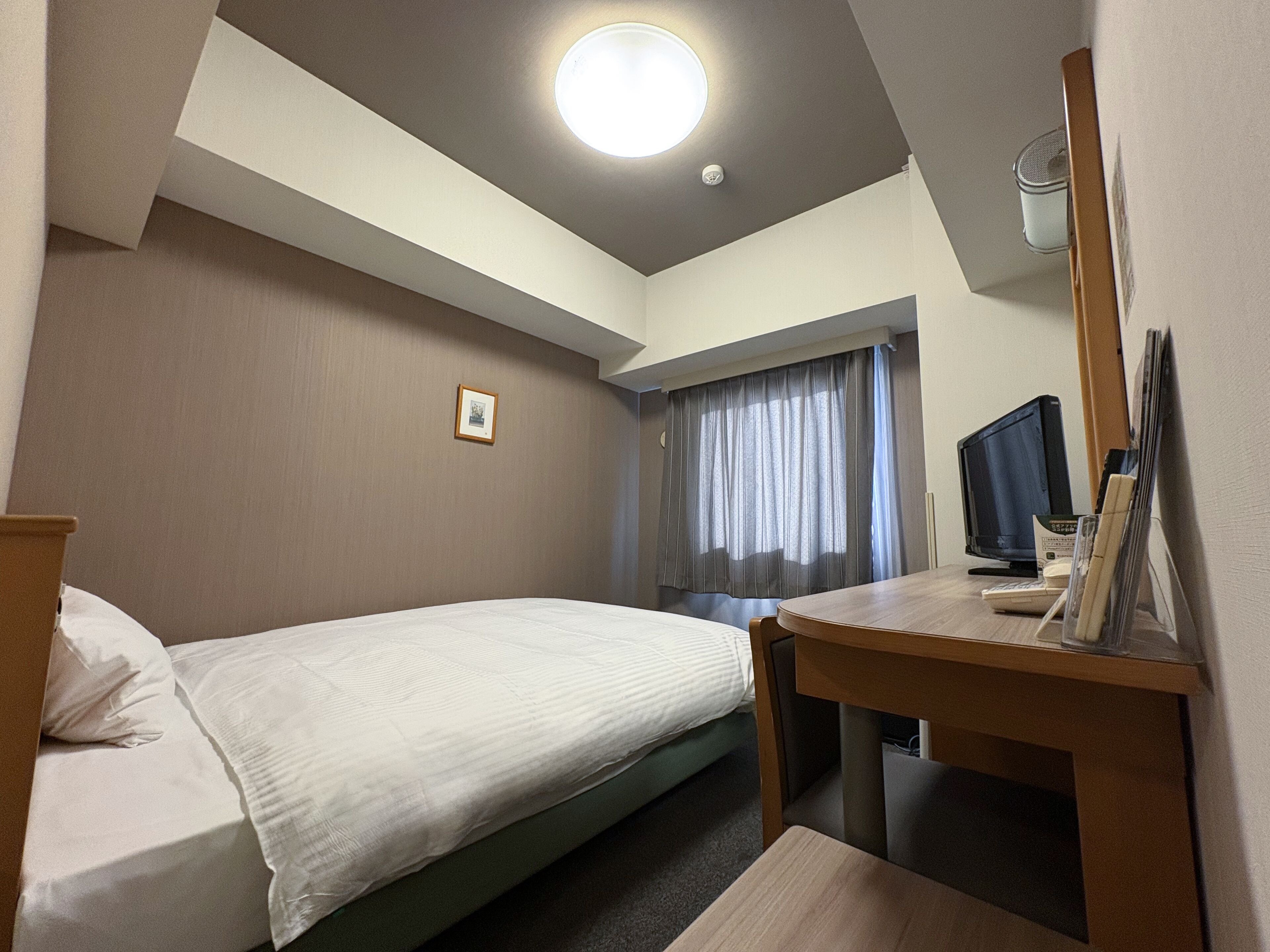 A hotel room with a bed, a desk, a chair, a television, and a window with curtains.
