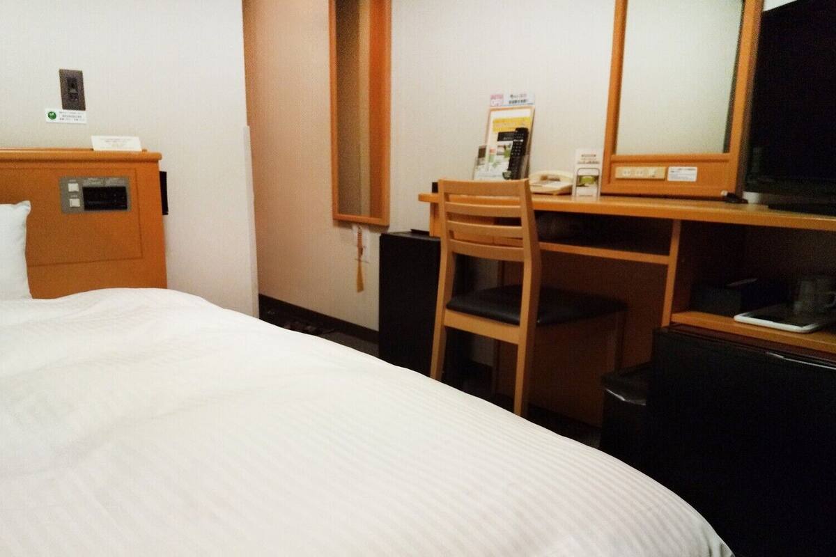 A hotel room with a bed, a desk with a chair, a mirror, a telephone, and a television.