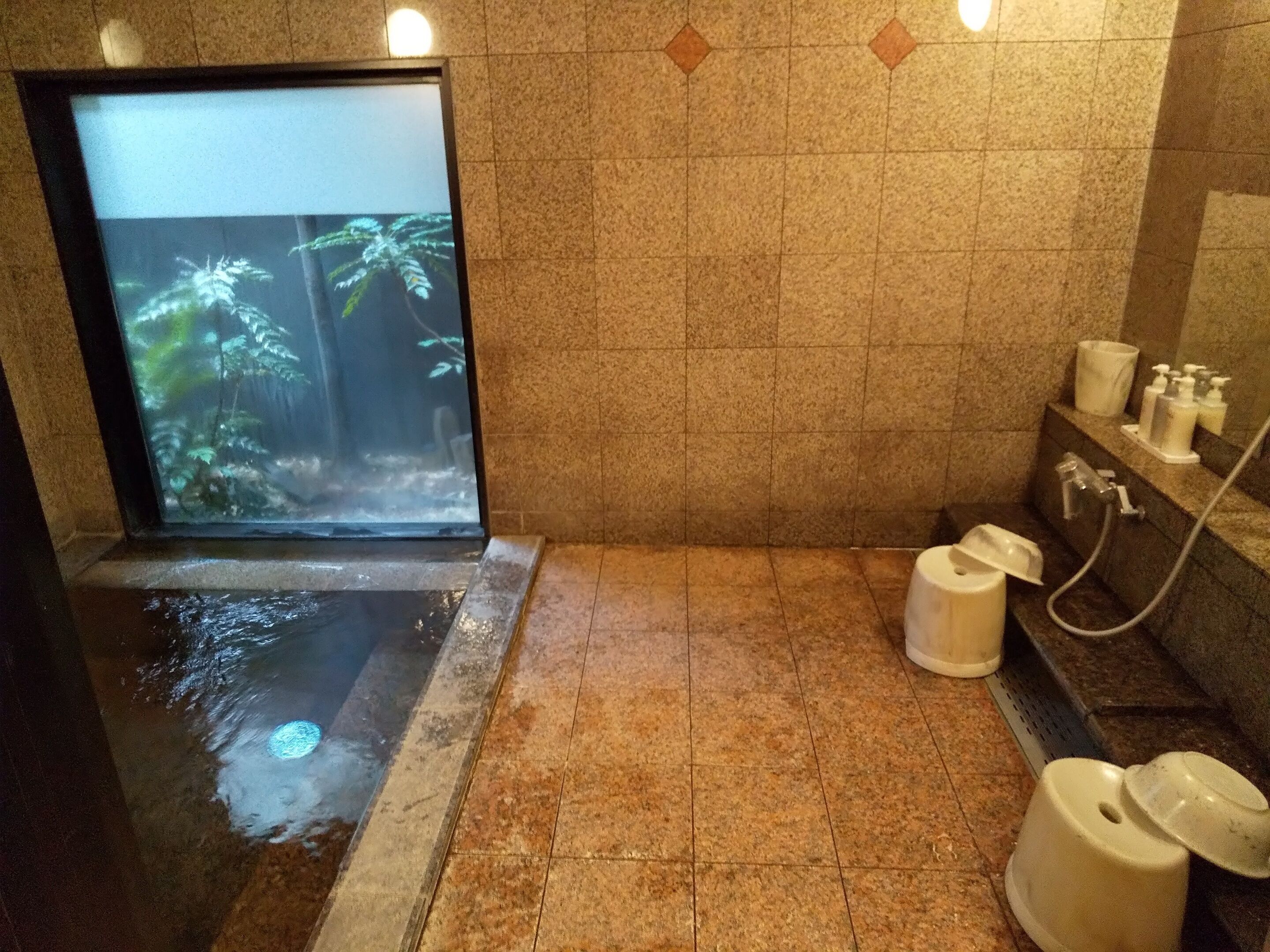 A bathroom with a large window displaying a tropical scene, a sink with toiletries, and a toilet.