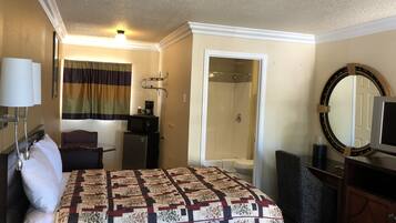 Ein Hotelzimmer mit Bett, Schreibtisch, Dusche, Spiegel und Fernseher.