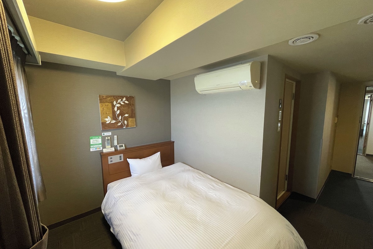 A hotel room with a bed, an air conditioning unit, a wall-mounted artwork, and a door leading to another room.