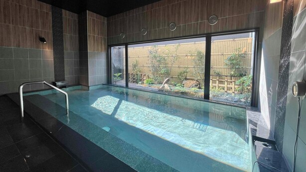 A swimming pool with a metal ladder, wooden panel walls, and large windows overlooking a bamboo garden.