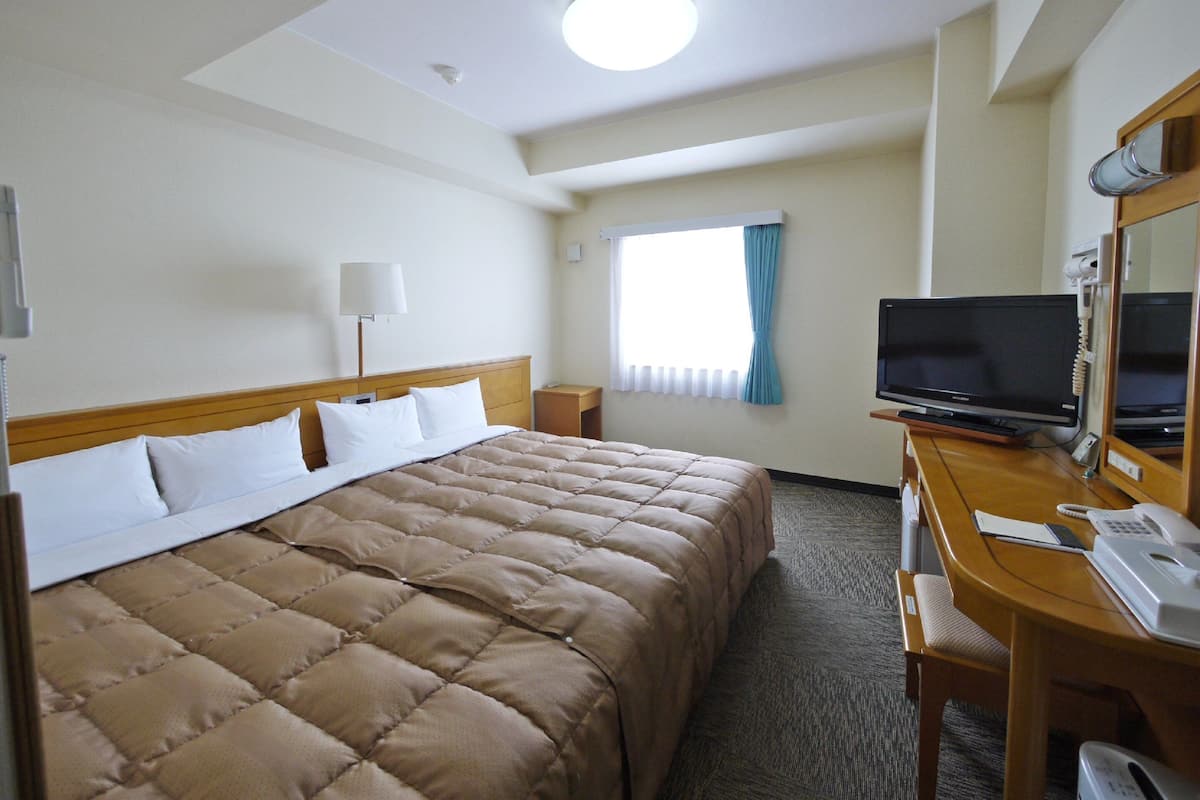 A hotel room with a bed, a desk with a TV, a mirror, a window with curtains, and a ceiling light.