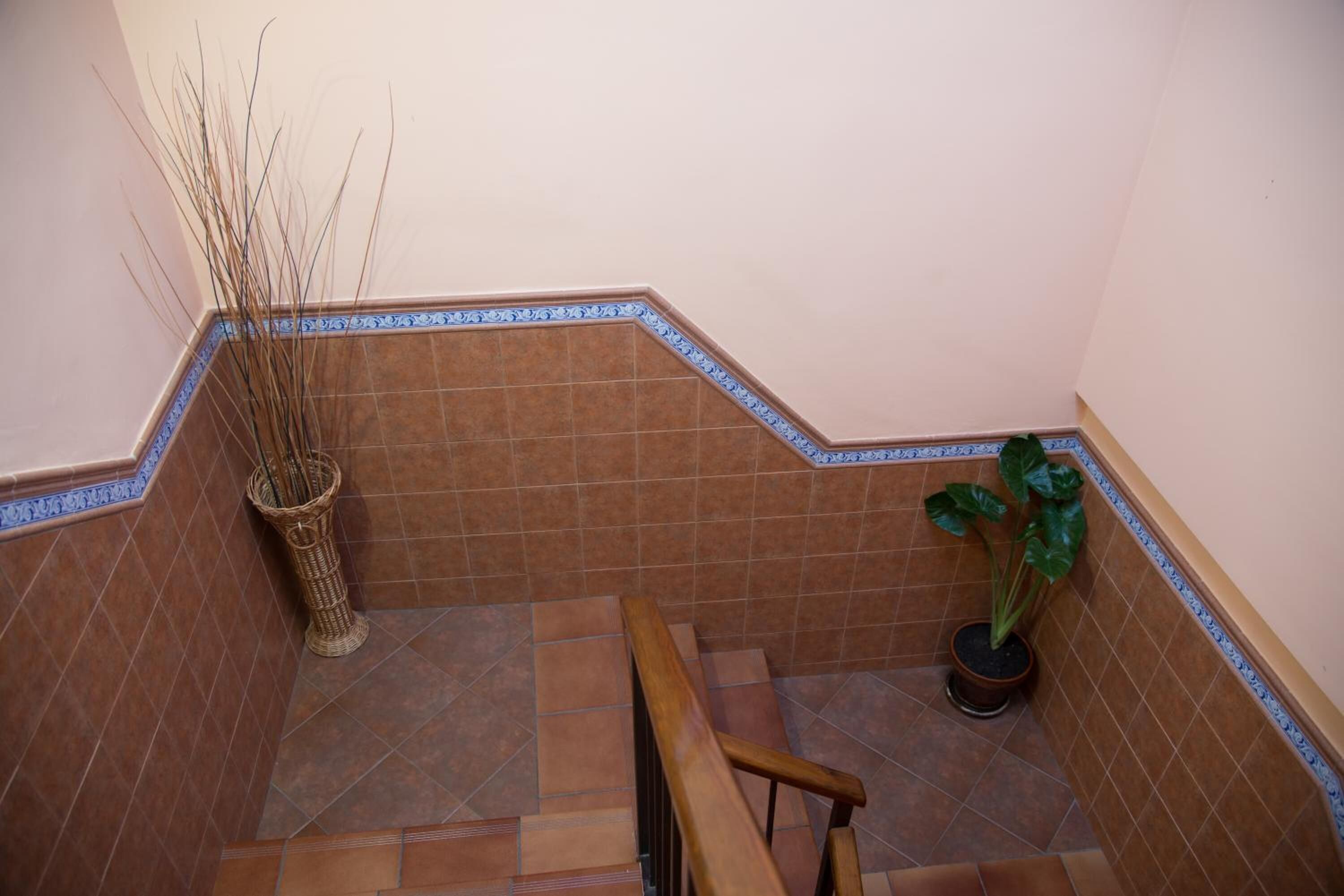 Una escalera con baldosas marrones y detalles decorativos azules, una cesta de mimbre y una planta en maceta.