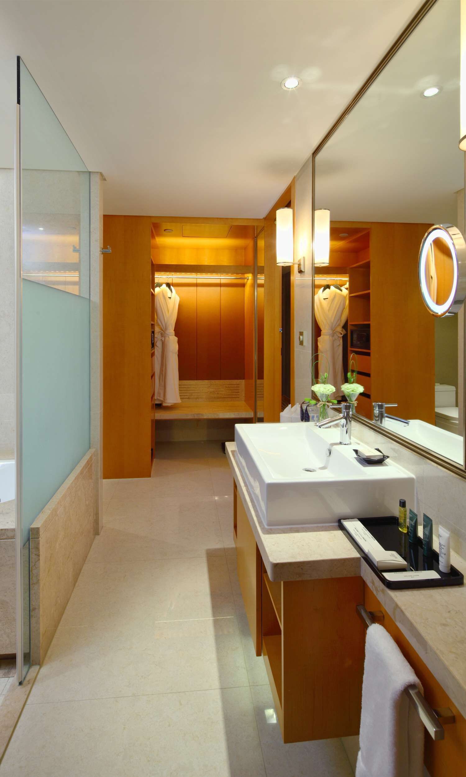 Une salle de bain moderne avec un grand miroir, un meuble-lavabo avec des articles de toilette et un porte-peignoir.