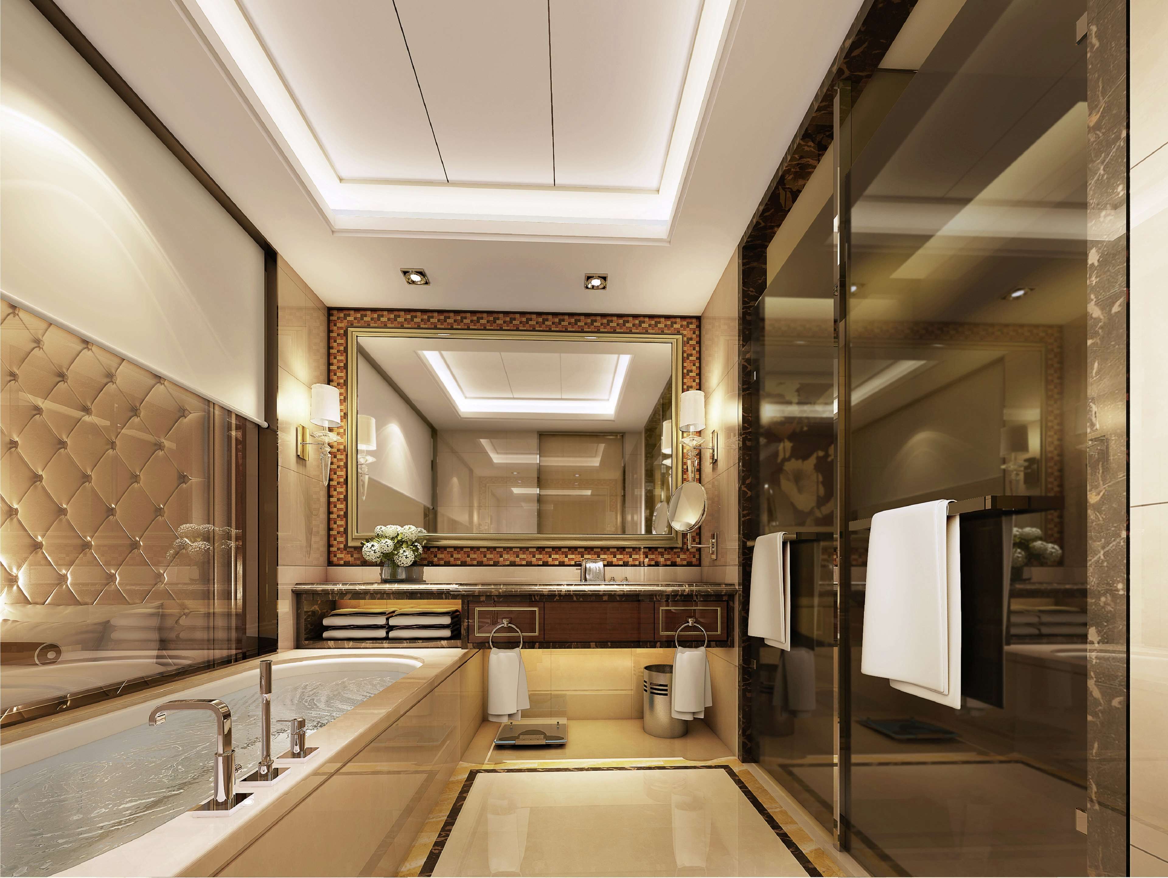 Een luxe badkamer met een grote spiegel, een badkuip, een wastafelmeubel met een wastafel en een douchecabine van glas.