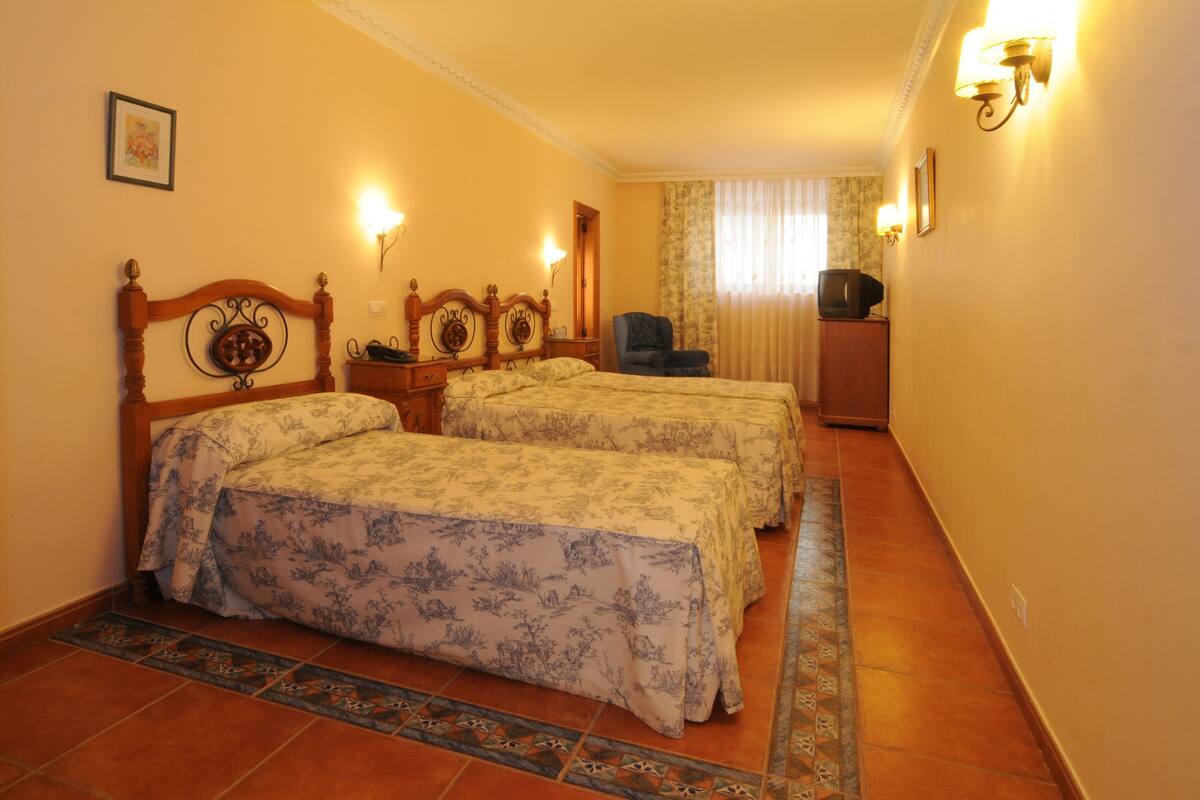 A hotel room with two beds, a chair, a television, and a decorative rug.