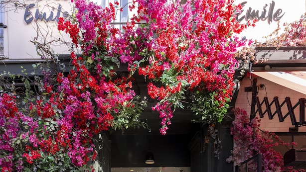 A hotel entrance with a sign reading "HOTEL Emile" and a vibrant flower display. - Hôtel Emile Le Marais (Paris)