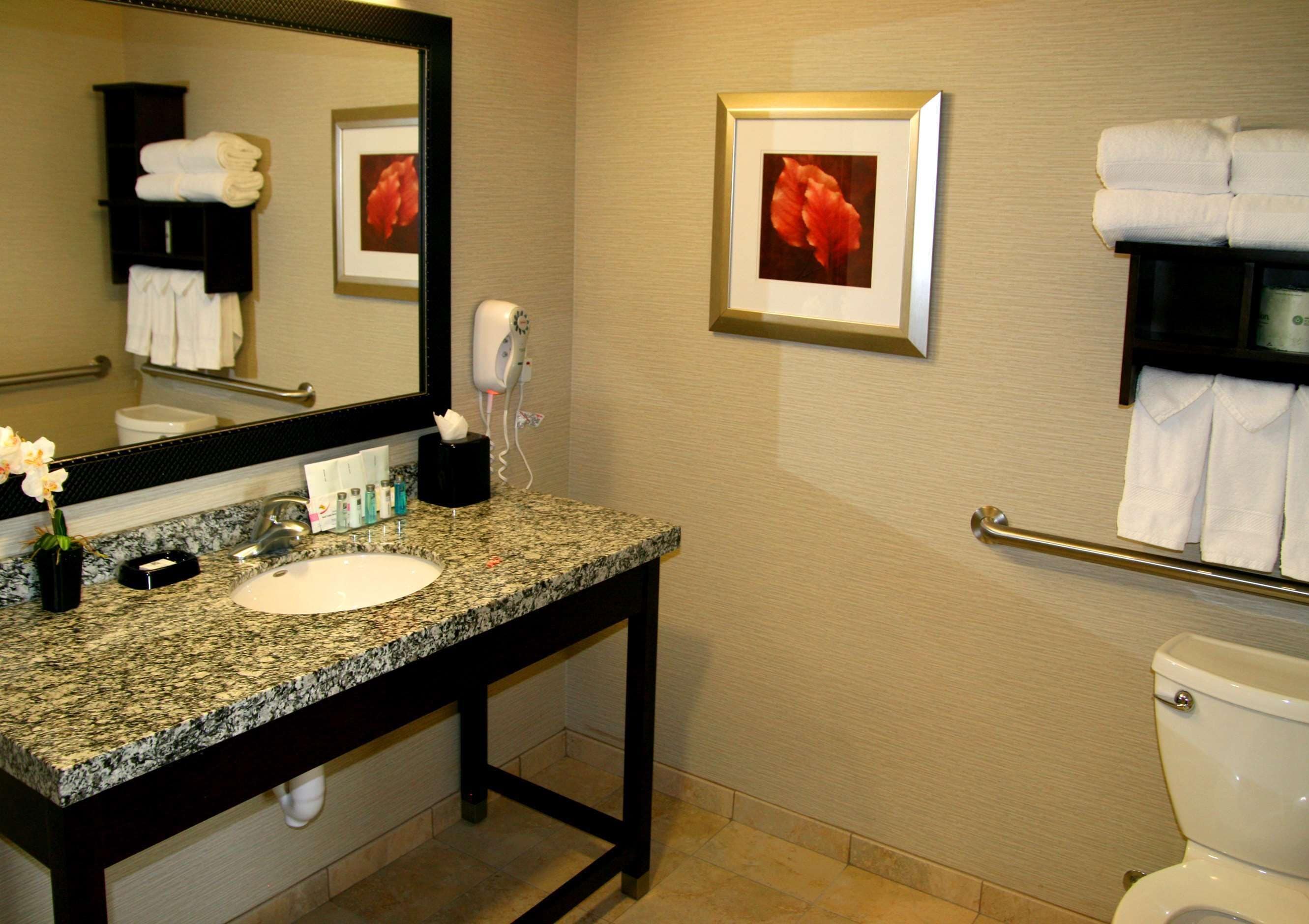 A bathroom with a granite countertop sink, a mirror, a towel rack, and a toilet.