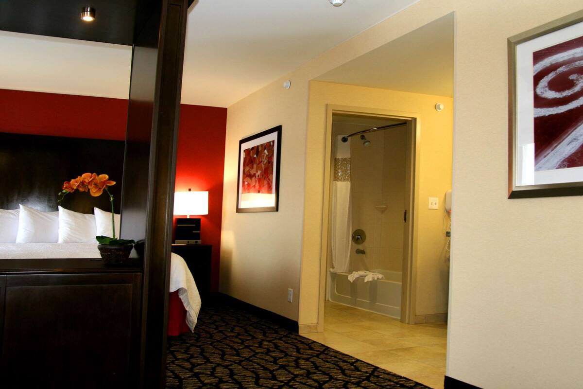 Hotelkamer met een bed, nachtkastje, potplant, ingelijst kunstwerk, douche en hal met een kamerbreed tapijt.