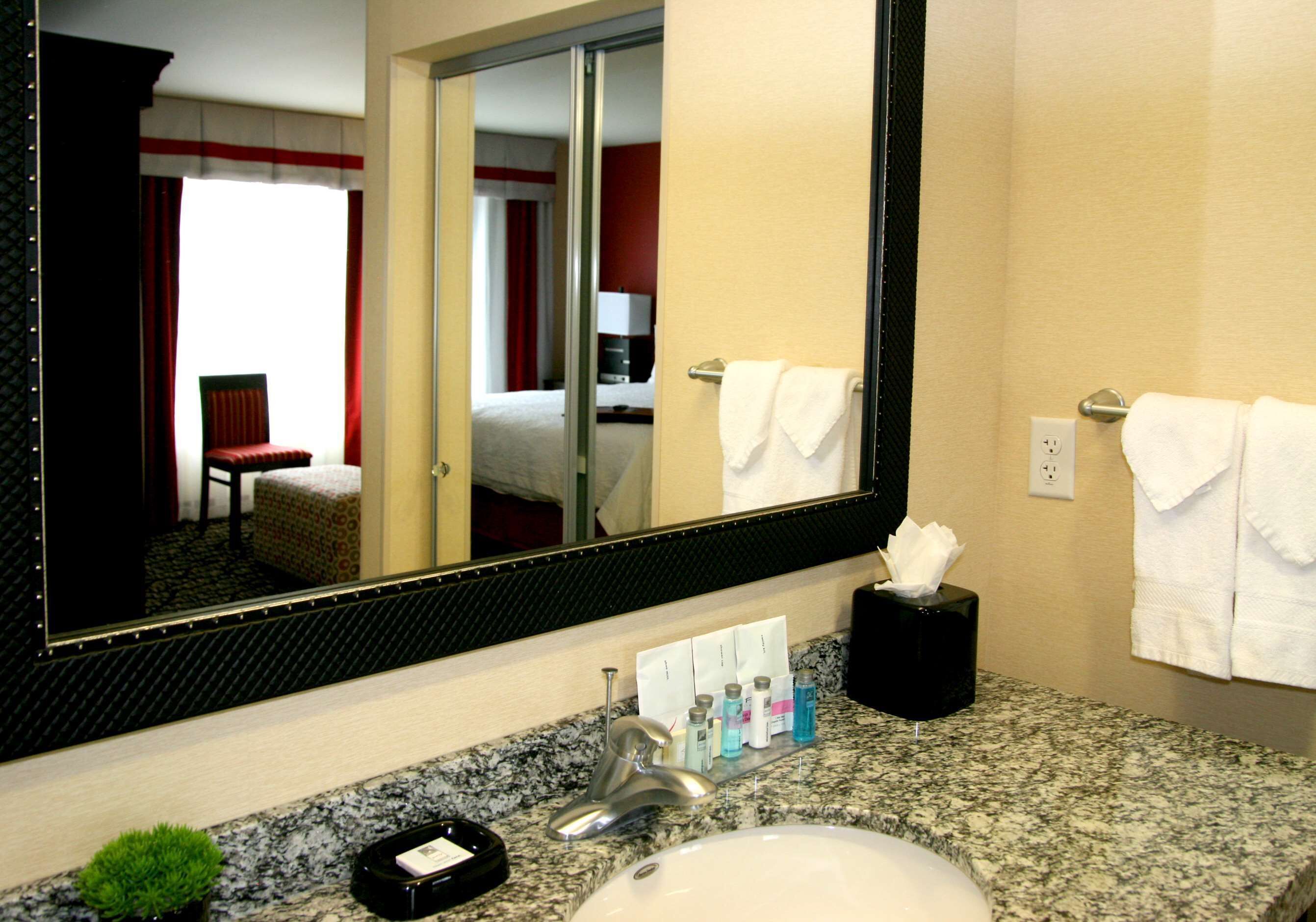 A hotel bathroom with a granite countertop, a sink, a mirror, a towel rack, and a small plant.