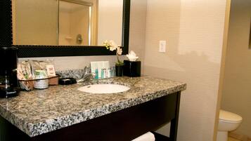Une salle de bain avec un comptoir en granit, un lavabo, un miroir, des toilettes et un vase avec des fleurs.