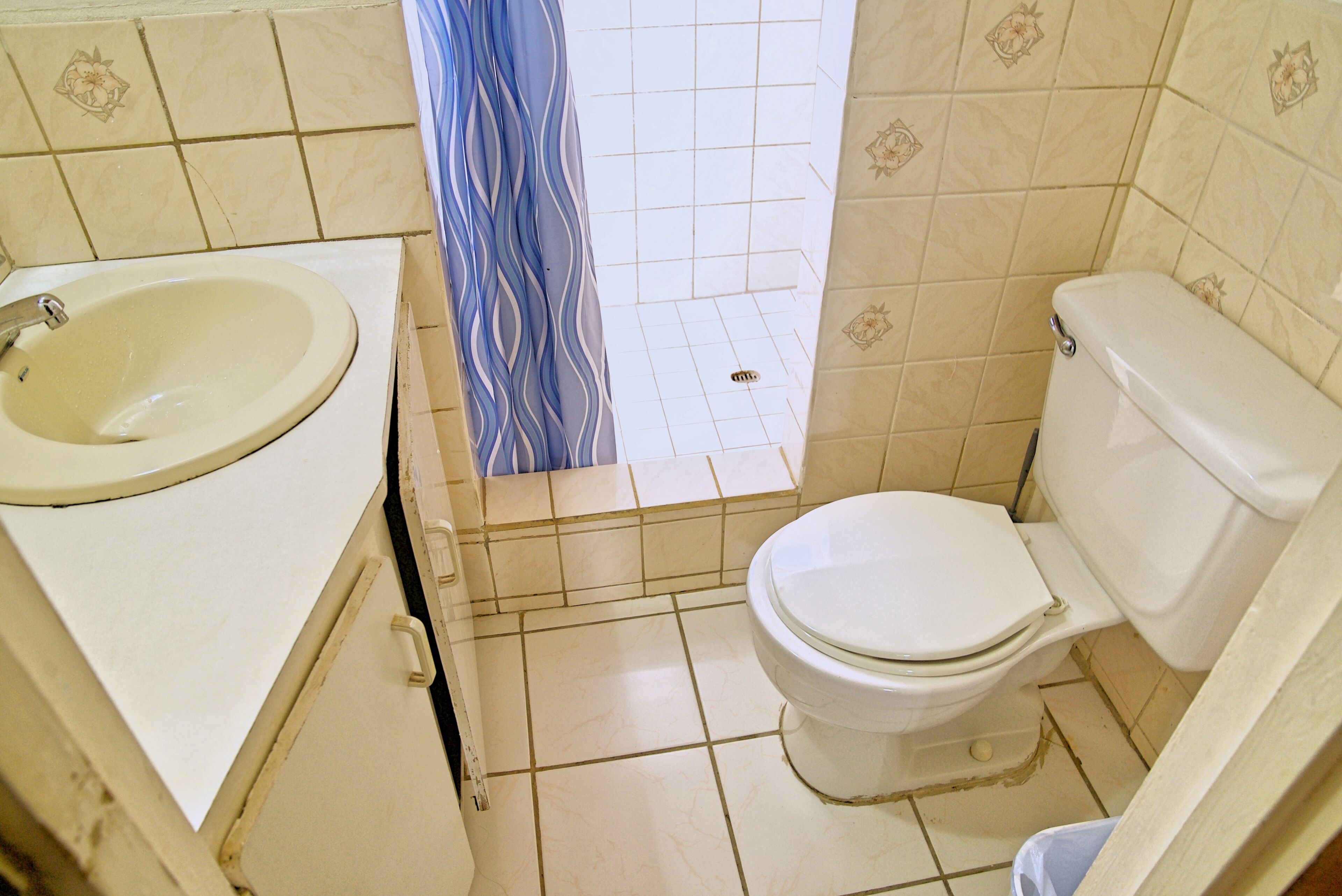 A small bathroom with a sink, toilet, and shower curtain.
