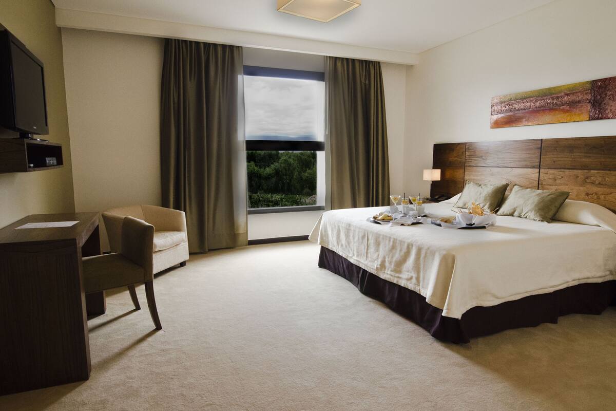 A hotel room with a bed, a desk, a chair, a television, and a window with curtains.