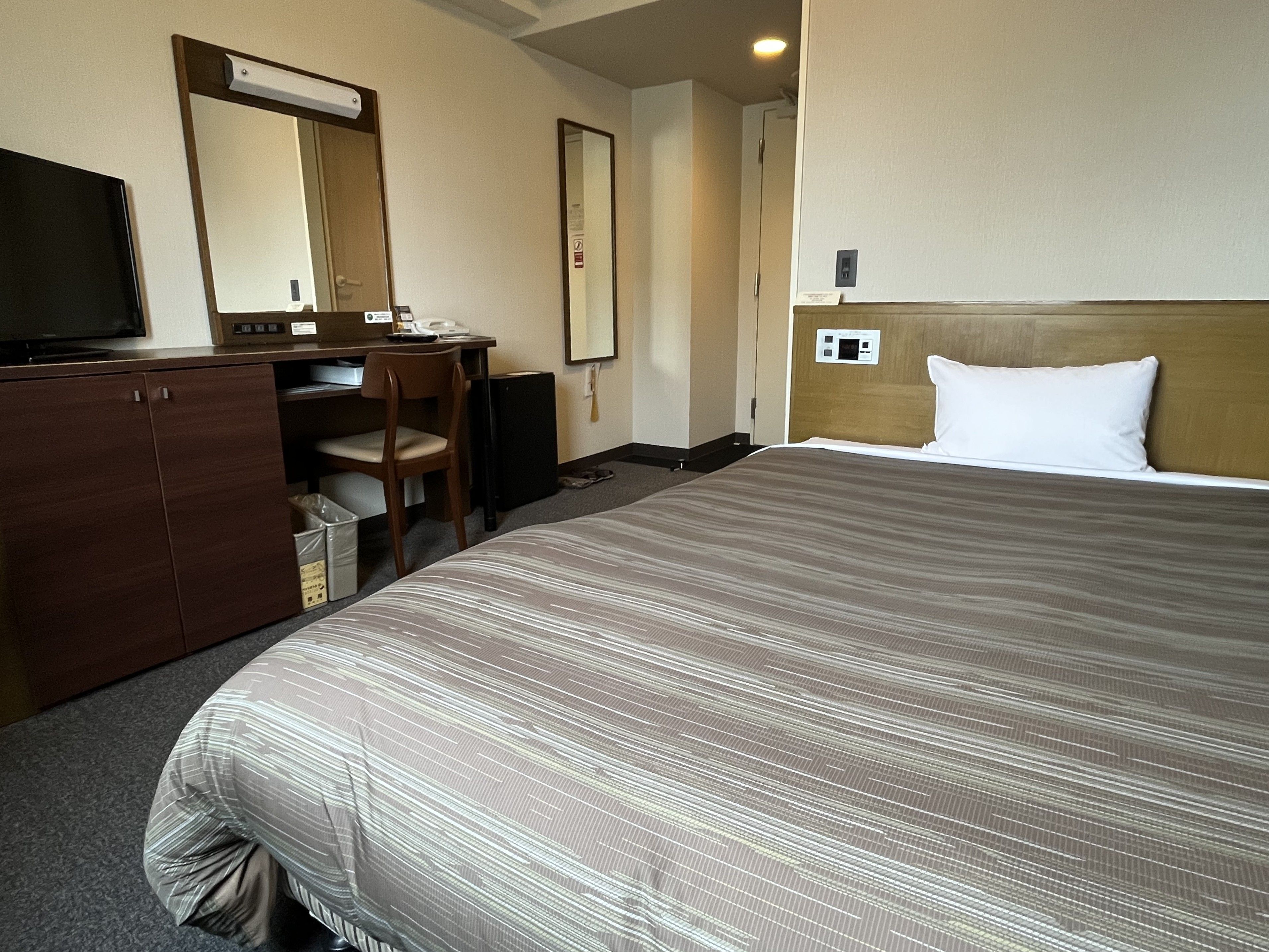 Una camera d'albergo con un letto, una scrivania, una sedia, una televisione e uno specchio.