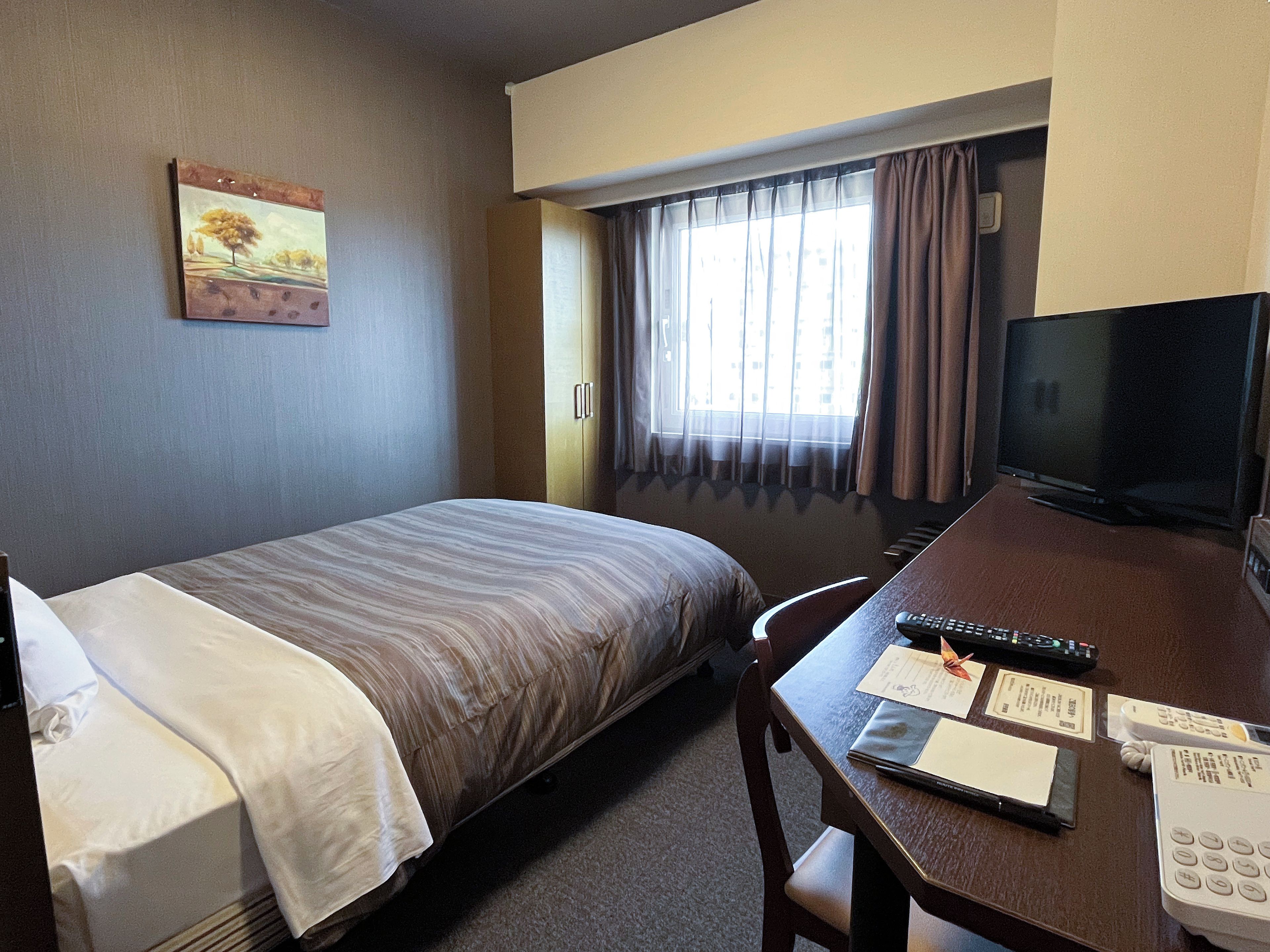 Habitación de hotel con una cama, un escritorio con televisor, teléfono y ventana con cortinas.