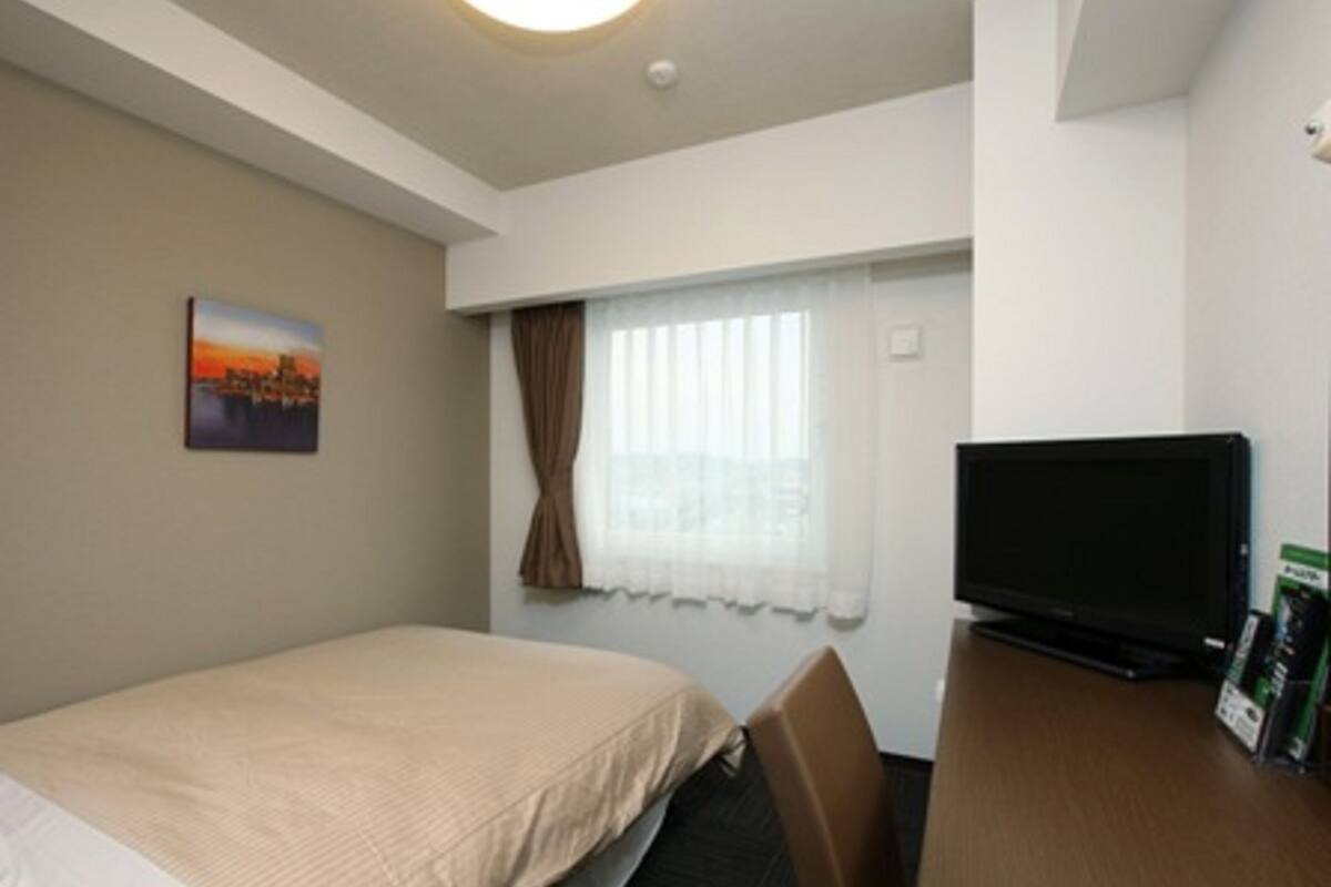 A hotel room with a bed, a television, a desk, and a window with curtains.