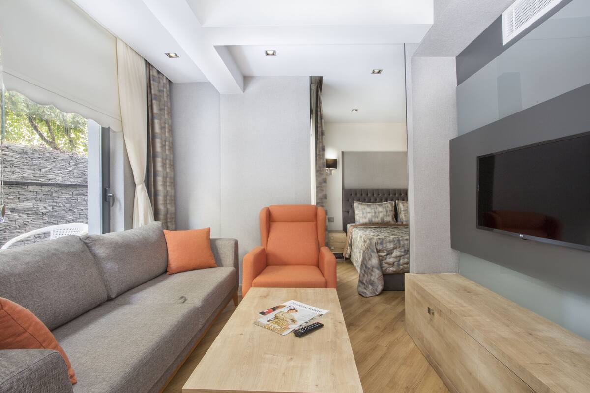 A modern living room with a sofa, armchair, coffee table, and a flat-screen TV.