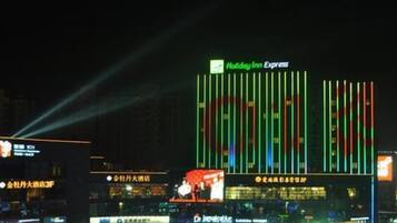 A hotel with a prominent 'Holiday Inn Express' sign.