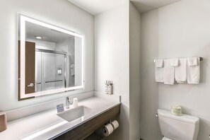A modern bathroom with a large mirror, white sink, and toilet paper dispenser.