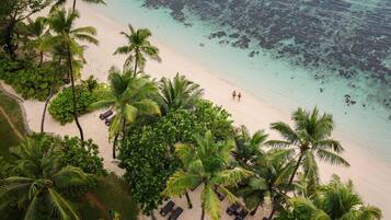 An aerial view of a beach with palm trees, lounge chairs, and a clear view of the ocean.
