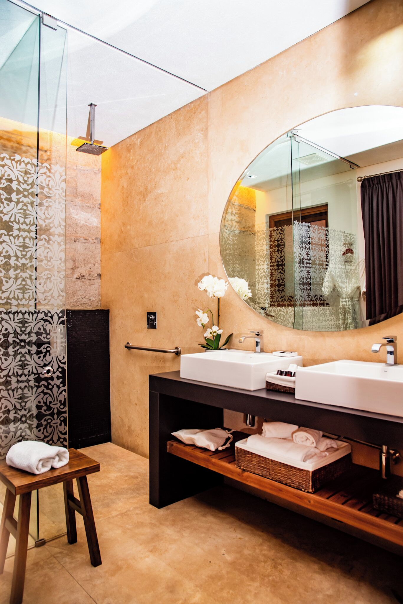 master suite | bathroom | shower, rainfall showerhead, designer toiletries, hair dryer