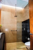 A modern bathroom with a glass shower enclosure, a toilet, and a vanity with a mirror.