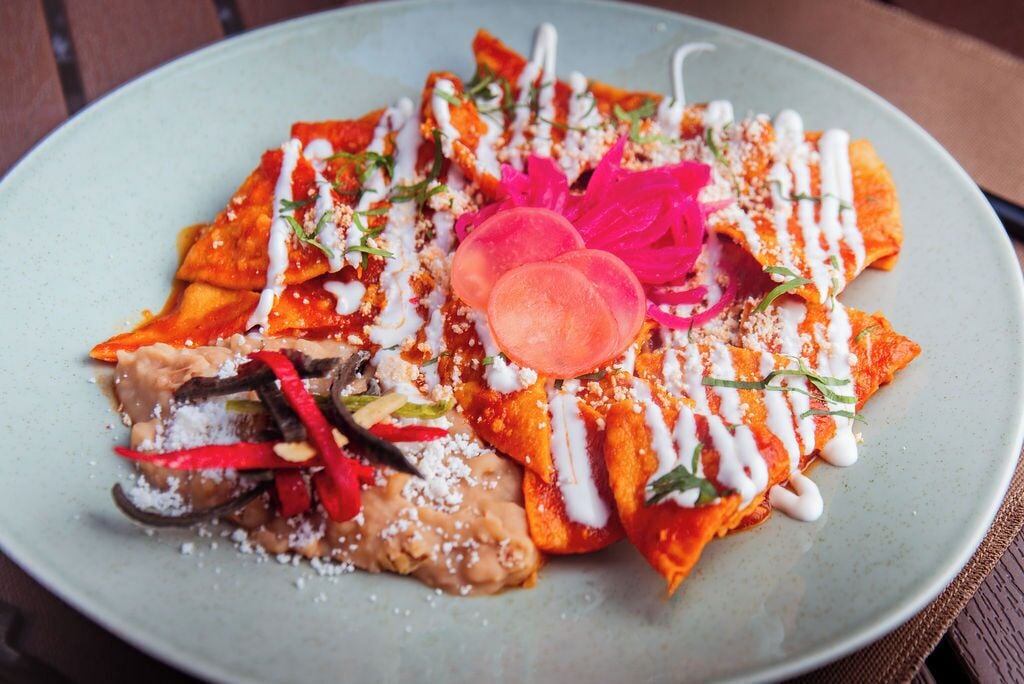 A plate of nachos with toppings and a white sauce.