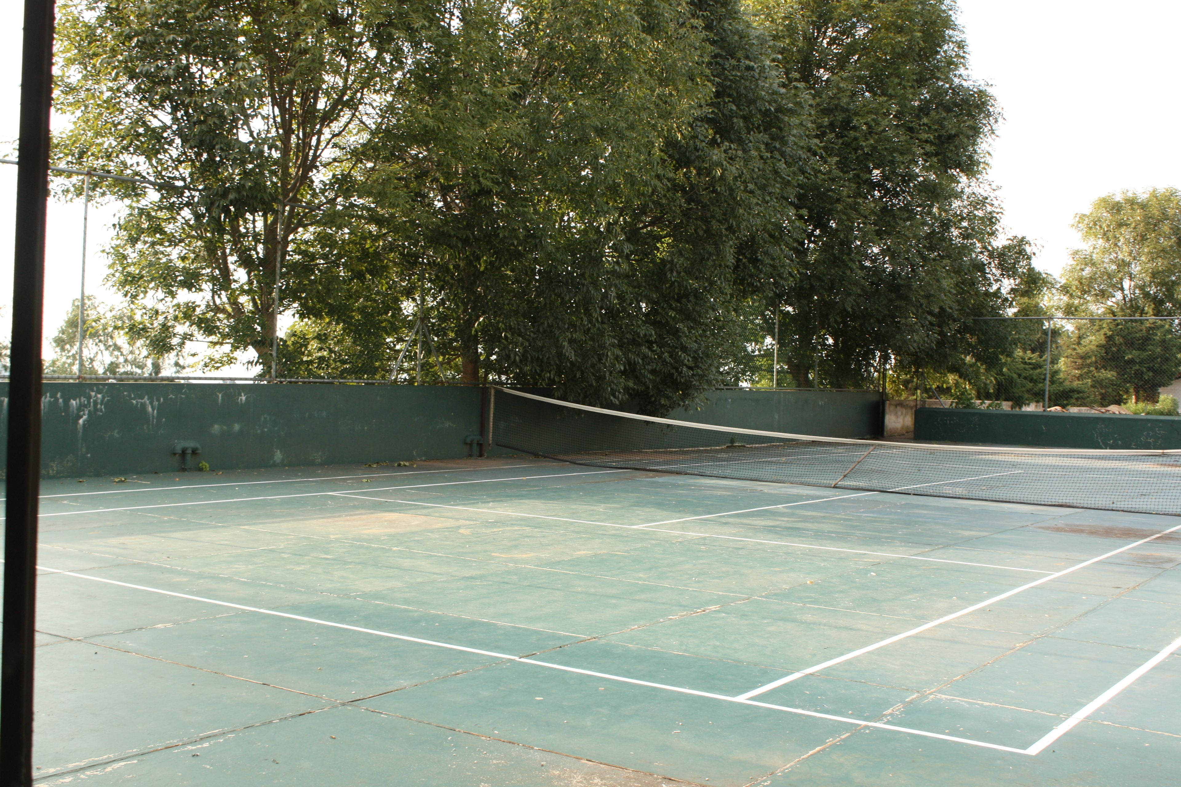 An outdoor tennis court with a net, surrounded by trees and a green fence.