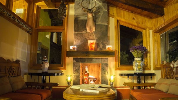 A cozy room with a fireplace, wooden furniture, and a deer head decoration.