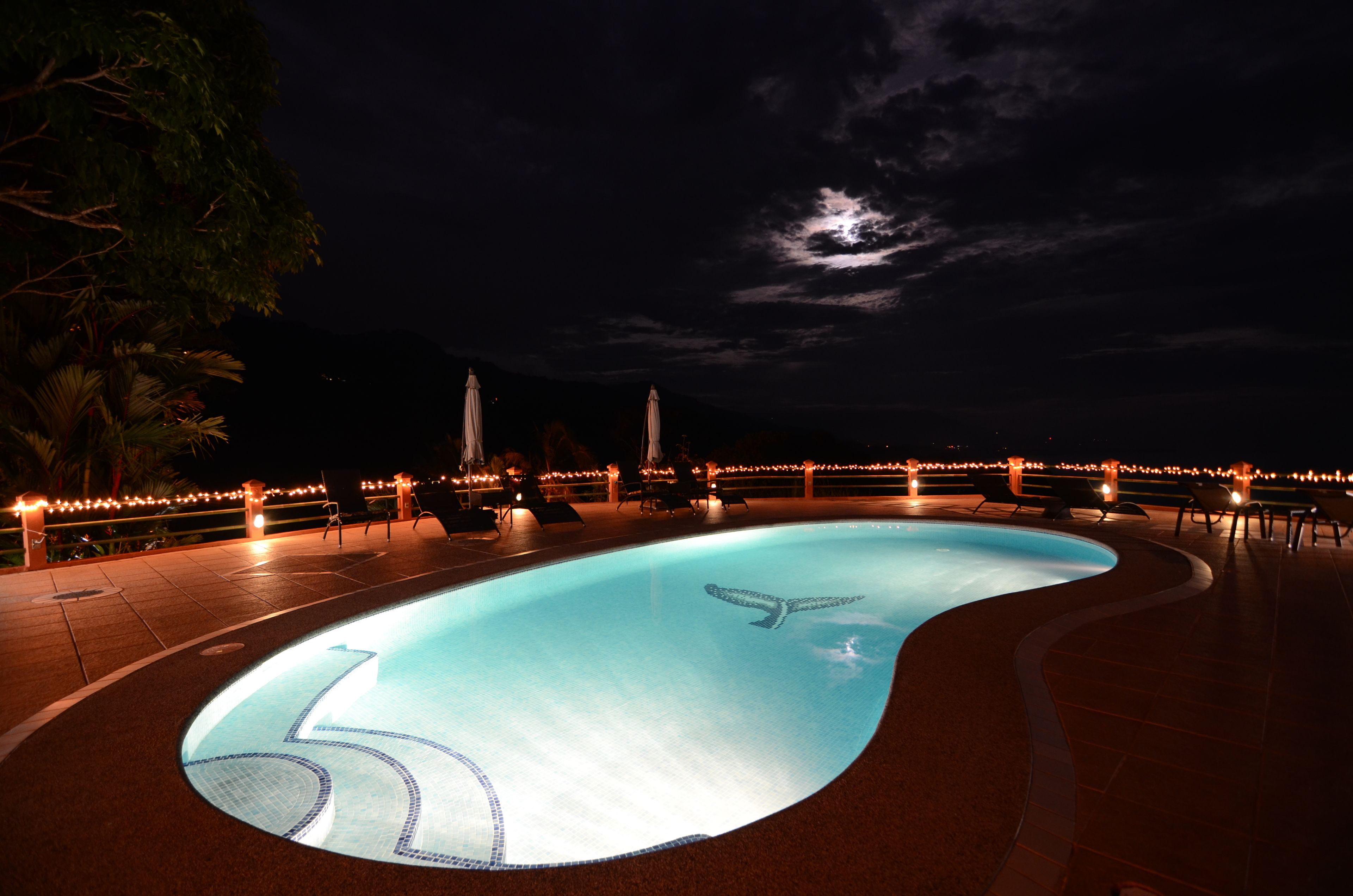 A swimming pool at night with string lights and lounge chairs.
