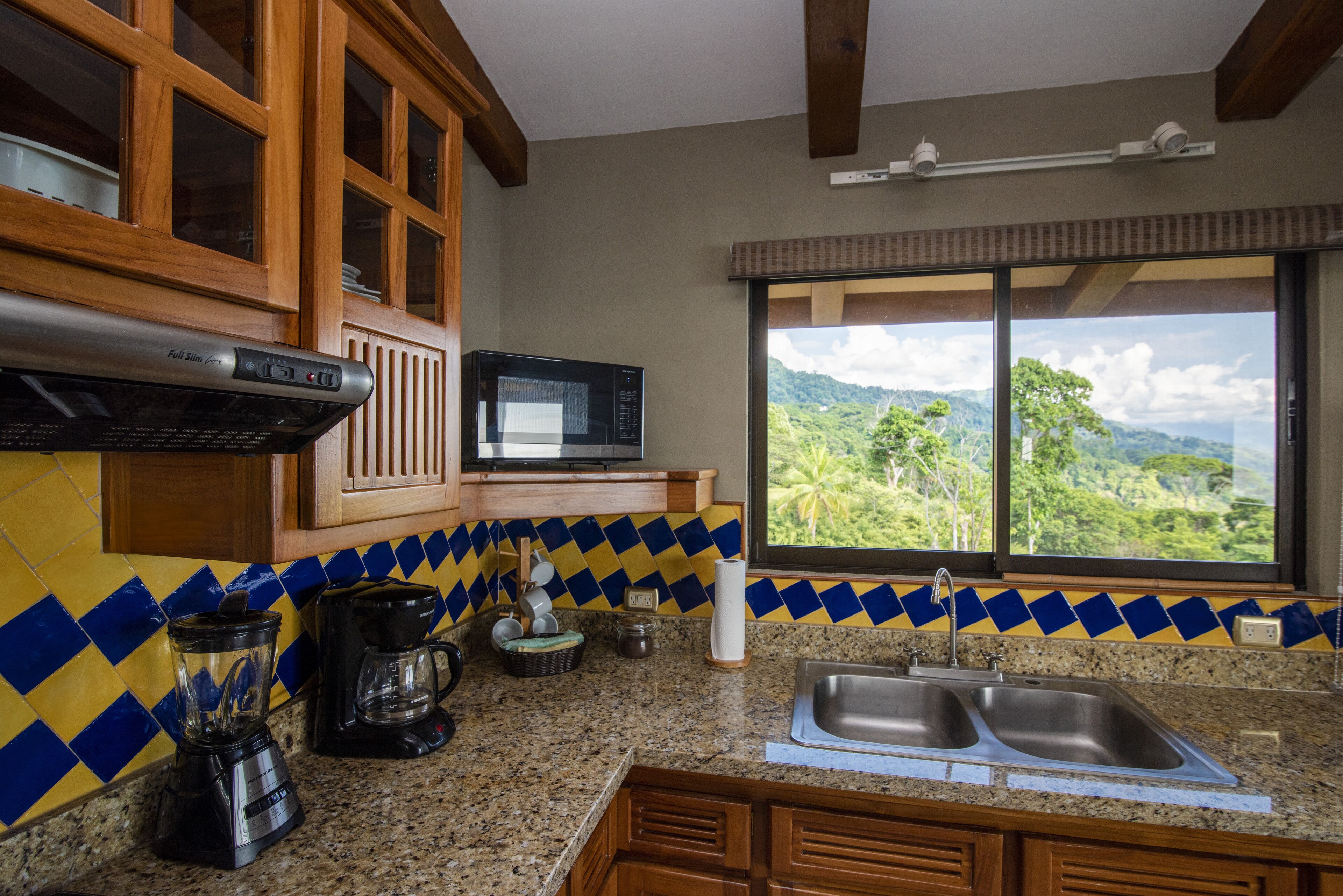 Eine Küche mit integriertem Mikrowellenherd, Mixer, Kaffeemaschine und Spüle. Ein Fenster bietet Blick auf Grünflächen und Berge.
