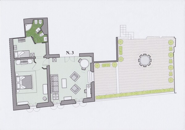 Plano de planta de un hotel con varias habitaciones, un comedor y un patio con disposición circular para sentarse.