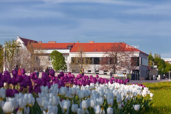 A hotel with a red roof and white walls, surrounded by a field of purple and white tulips. - Strandhotel Alte Donau (Vienna)